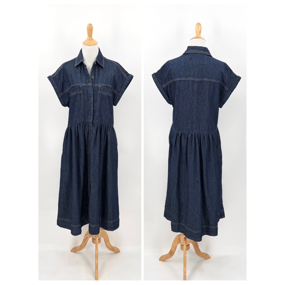 MAYE Harper Denim Dress Women XS Indigo Blue Button Front Midi Short Sleeve NEW - Picture 5 of 16